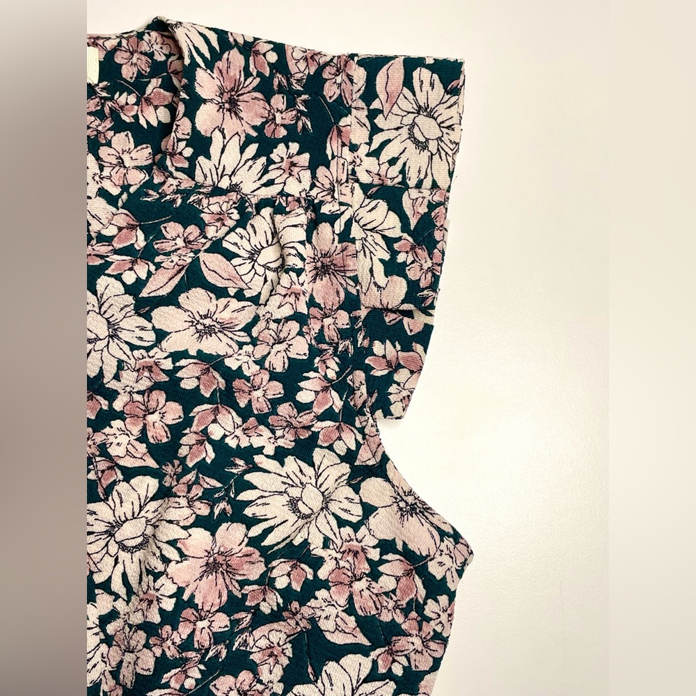 Monteau Floral V-Neck Faux Wrap Ties Peplum Blouse Flutter Sleeve in Pink Green - Picture 4 of 8